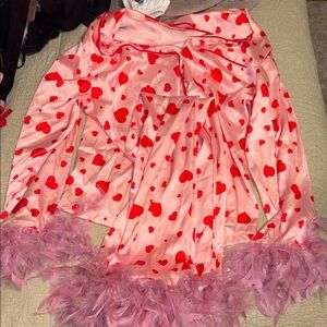 Pink Heart Print Feather Trim PJ set